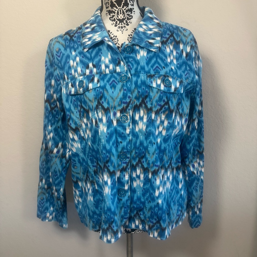Analogy Women's Jacket Blazer Size L Large Abstract Blue Pockets Y2K Cotton